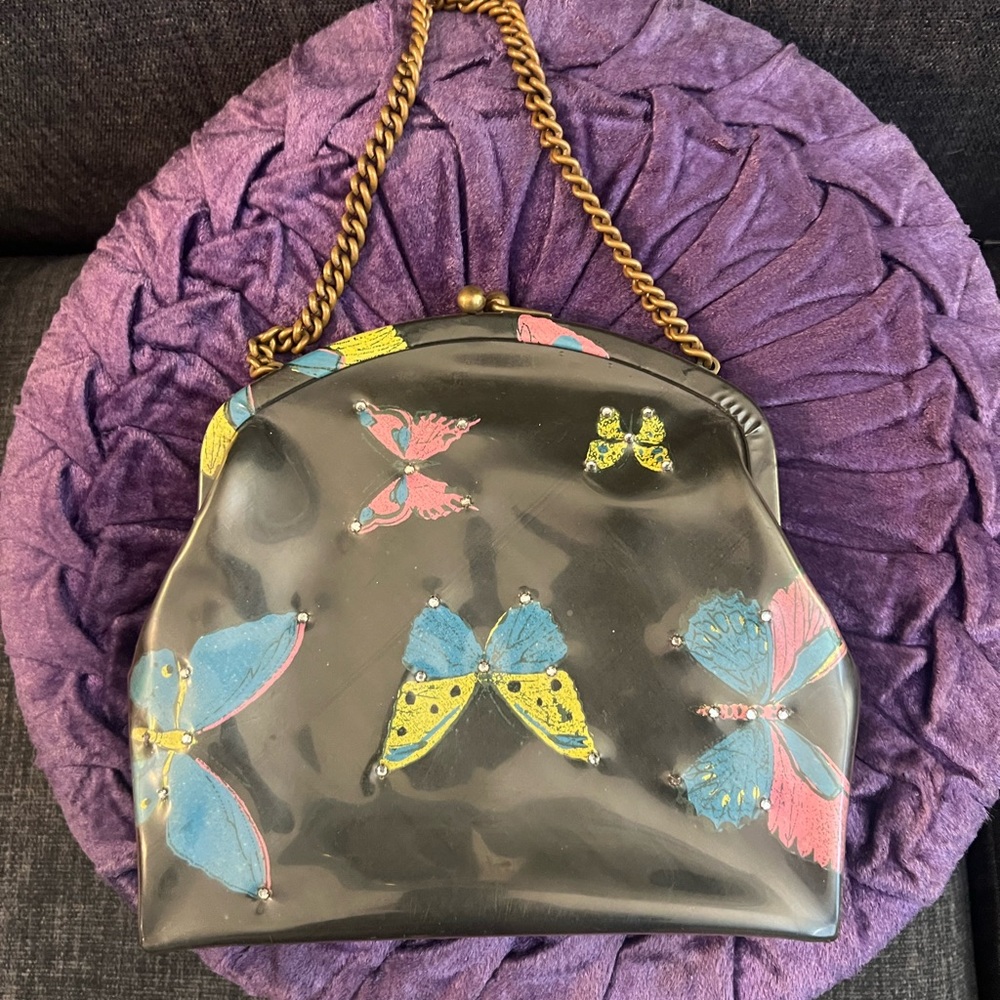 1950s vintage handbag with butterflies and rhinestones